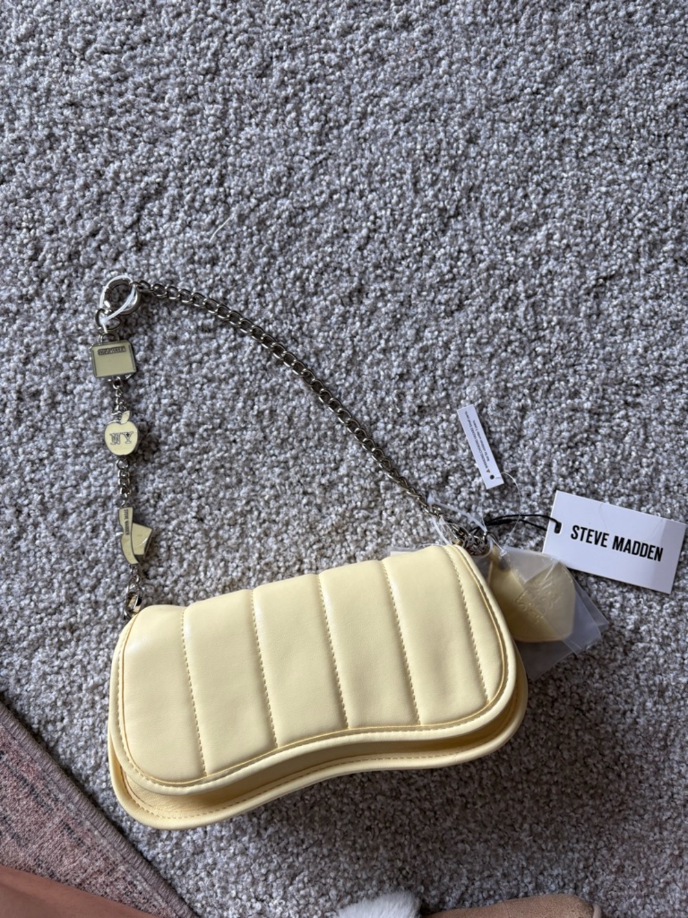 Steve Madden Pale Yellow Quilted Shoulder Bag with Charm Chain
